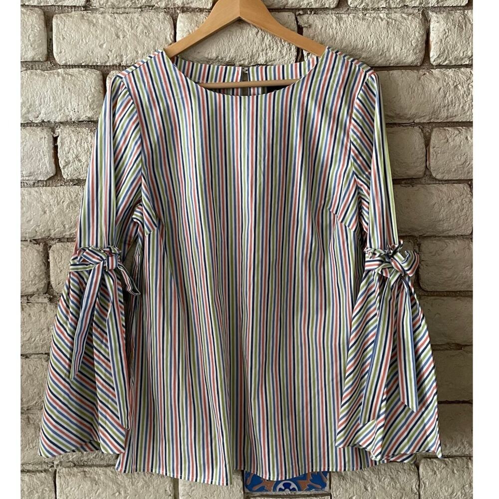 Brand Beige by ECI Multi-Color Striped Bell Sleeve Tunic Size L Cotton Blouse
